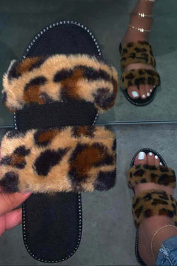 Leopard Fur Open Toe Slippers