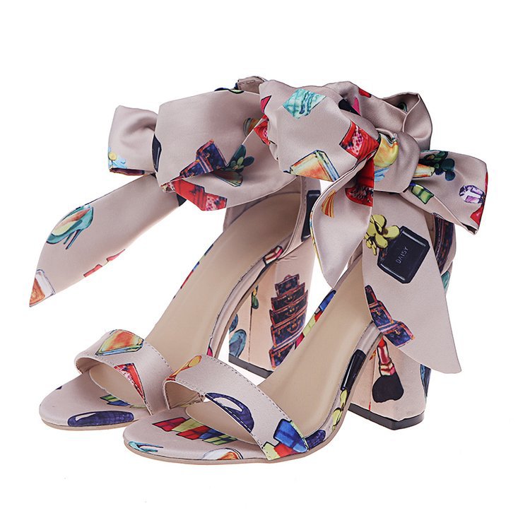 Printed Bandage Chunky Heeled Sandals