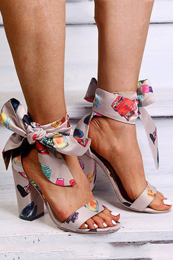 Printed Bandage Chunky Heeled Sandals