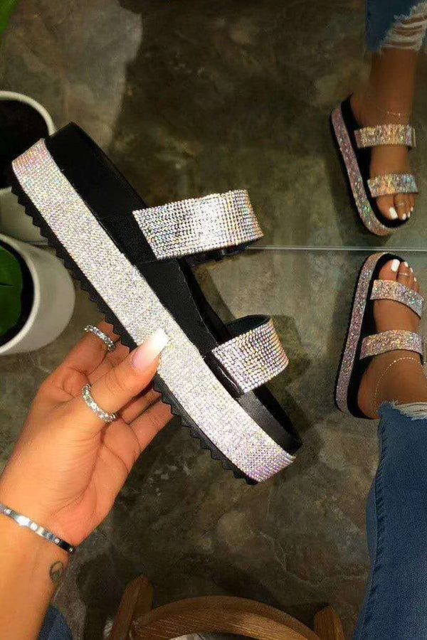 Rhinestone Buckle Platform Slippers