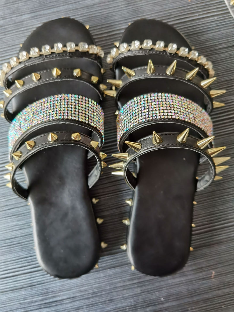 Rivet Studded Rhinstone Beach Slippers