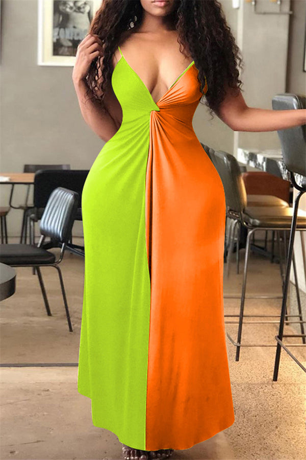 Color Splicing Ruched Cami Maxi Dress