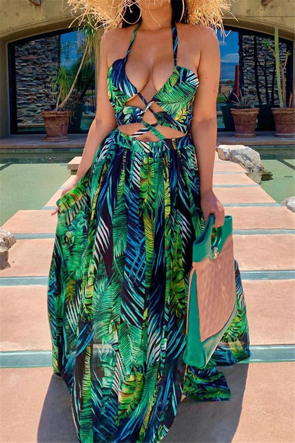 Printed Bandage Split Maxi Dress