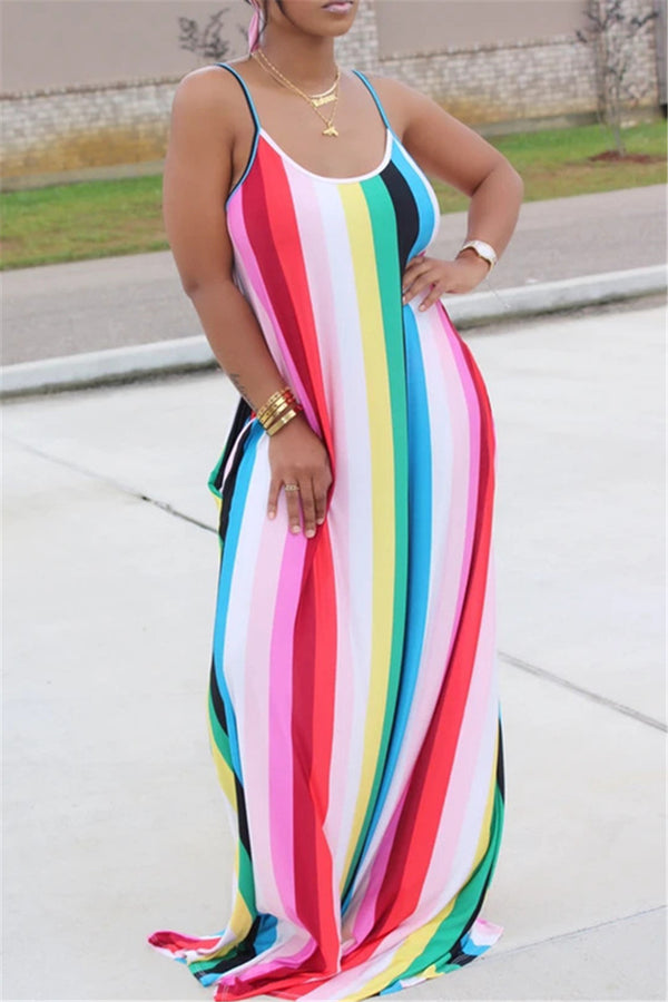 Casual Stripe Maxi Dress With Headscarf