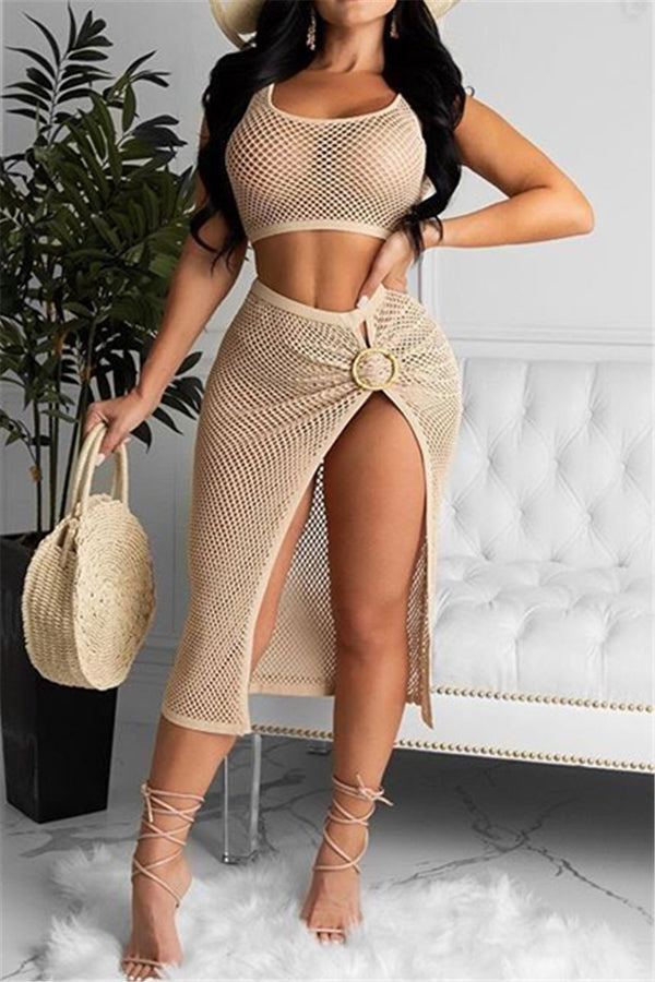 Solid Color Mesh Tank& Skirt Sets