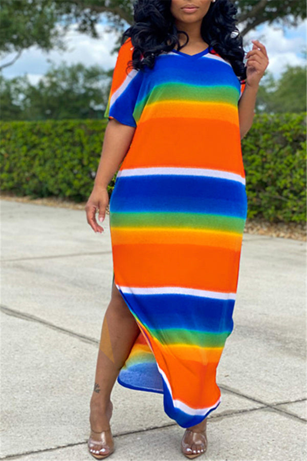 Casual Rainbow Stripe Split Dress