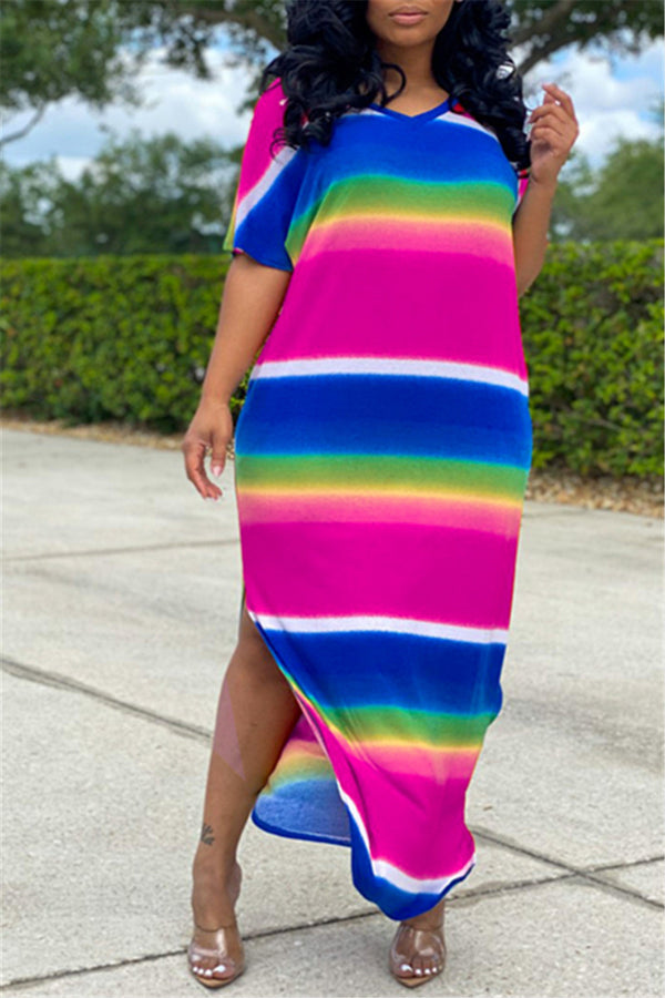 Casual Rainbow Stripe Split Dress