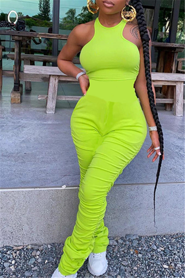 Solid Color Ruched Bodycon Jumpsuit