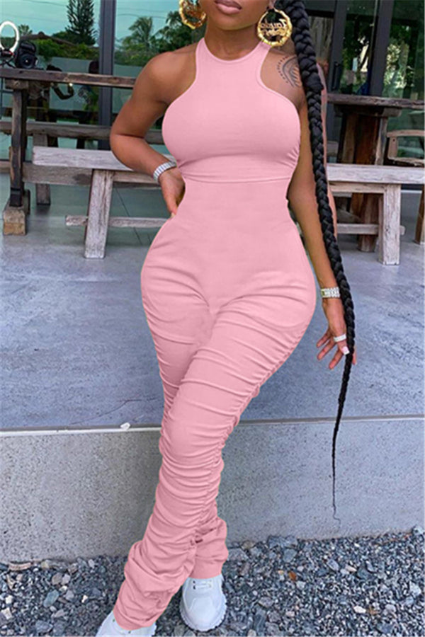 Solid Color Ruched Bodycon Jumpsuit