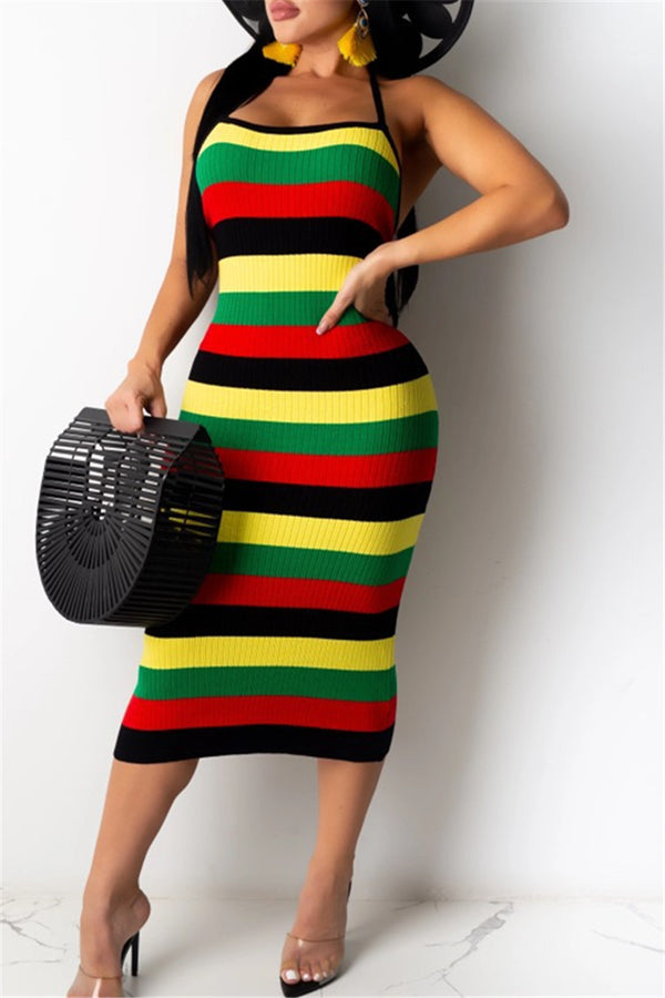 Color Splicing Stripe Backless Midi Dress