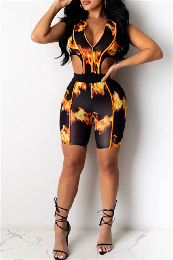 Printed Hollow Out Zipper Romper