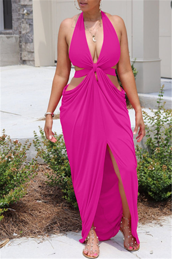 Hollow Out Halted Split Maxi Dress