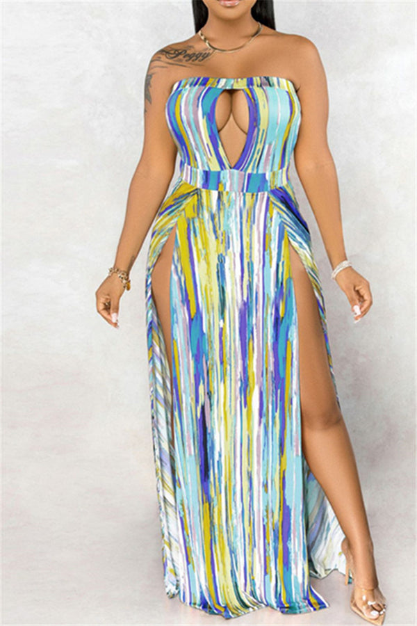 Hollow Out Printed Split Tube Dress