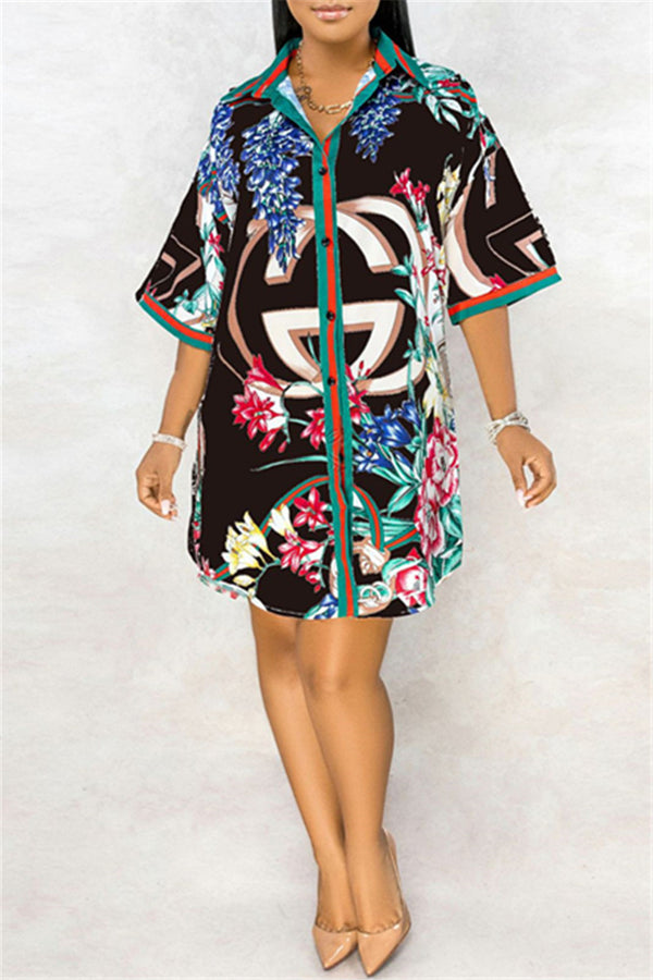 Casual Flower Printed Shirt Dress