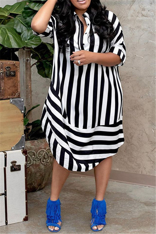 Irregular Hem Stripe Shirt Dress