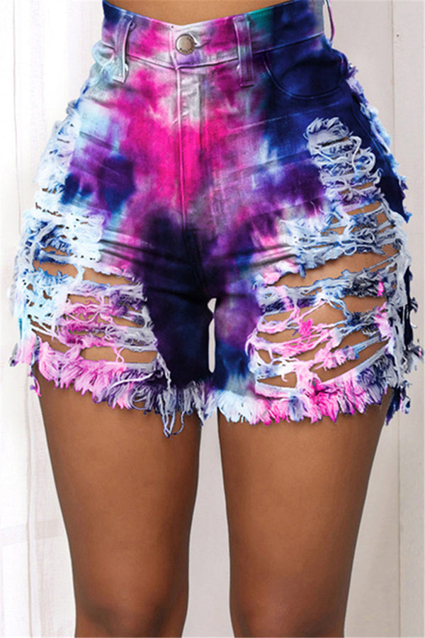 Tie Dye Distressed Denim Shorts