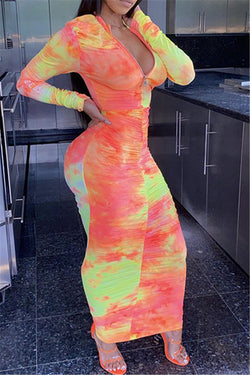 Tie Dye Ruched Bodycon Maxi Dress