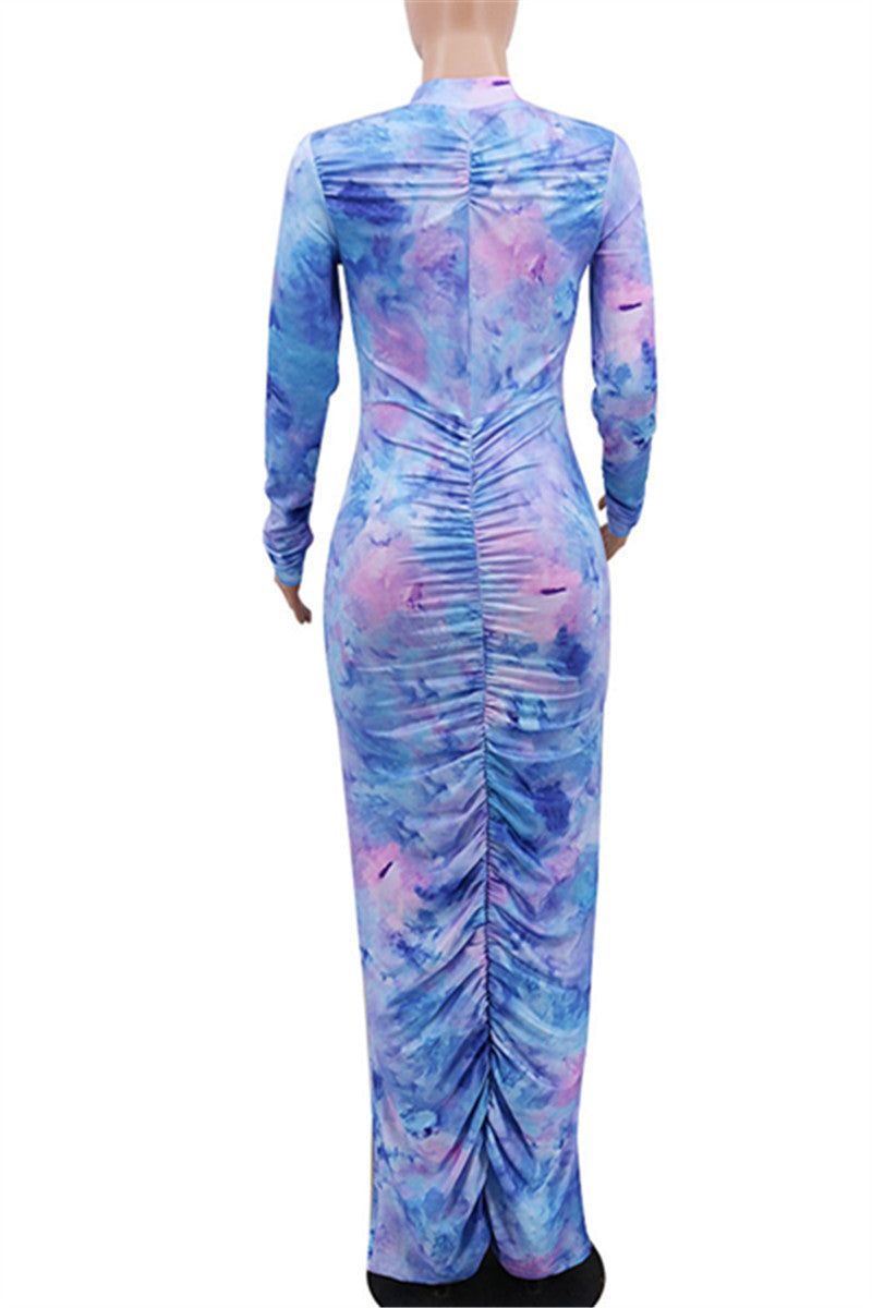 Tie Dye Ruched Bodycon Maxi Dress