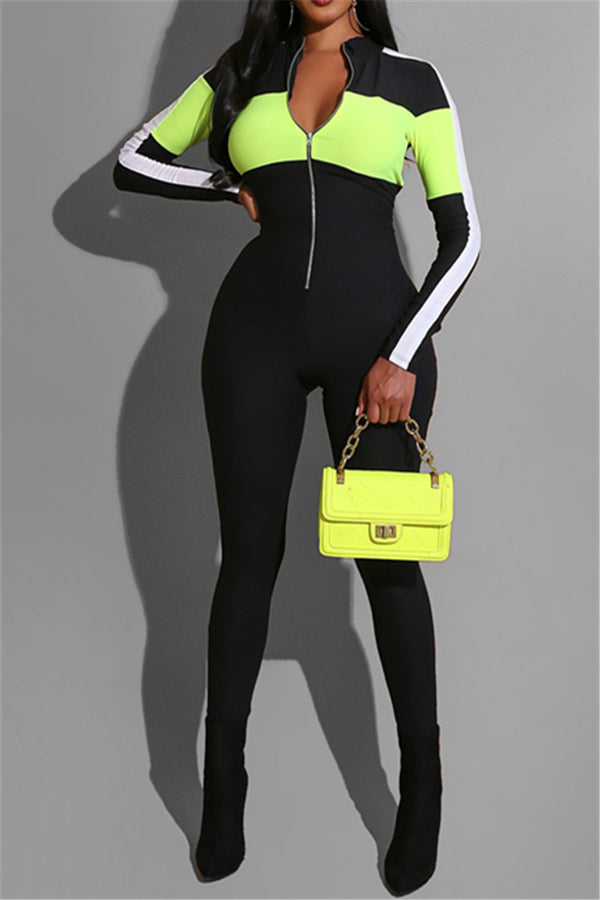 Color Splicing Zipper Sporty Jumpsuit