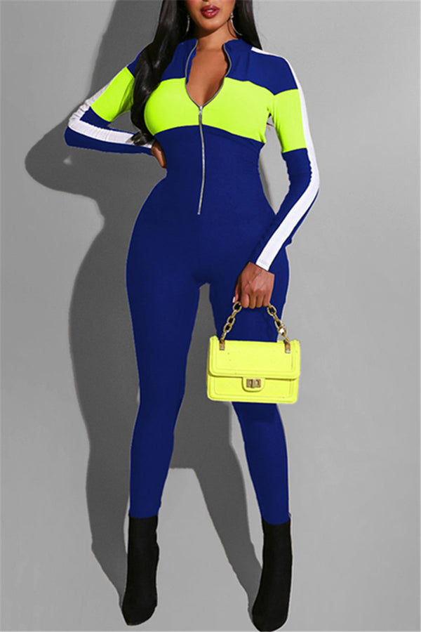 Color Splicing Zipper Sporty Jumpsuit