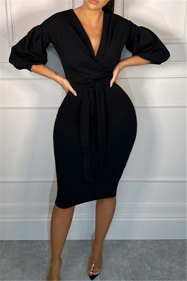 Puff Sleeve V Neck Midi Dress