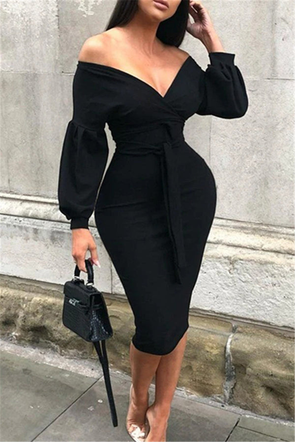 Puff Sleeve V Neck Midi Dress