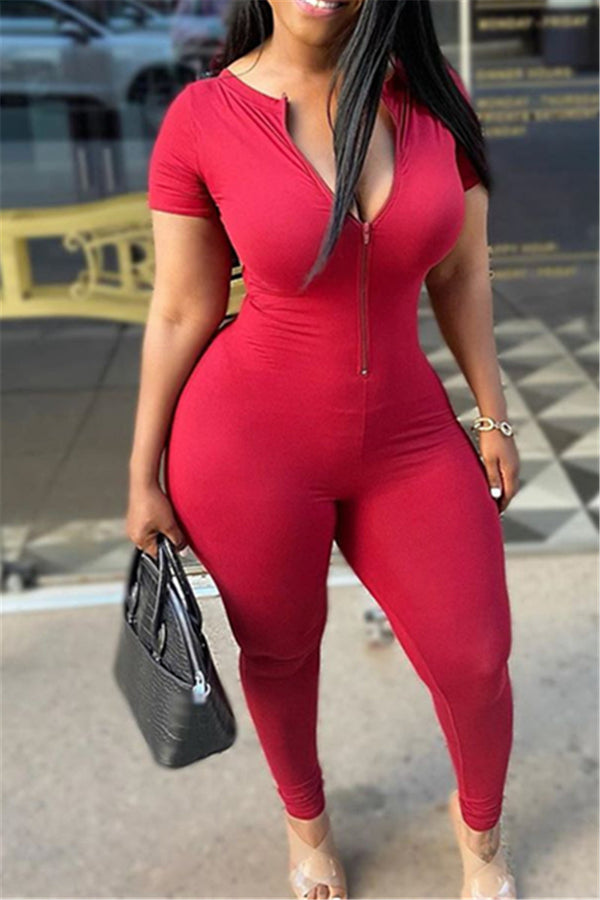 Solid Color Zipper Neck Jumpsuit