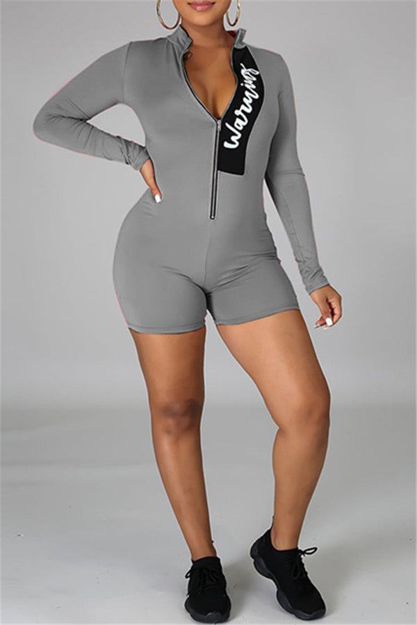 Letter Printed Long Sleeve Zipper Romper