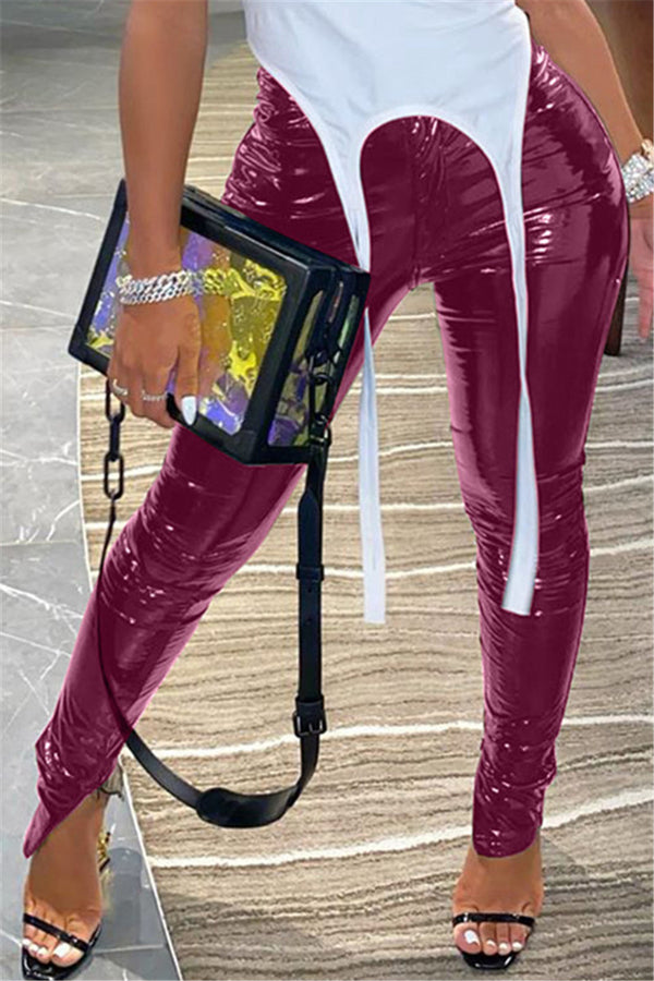 Solid Color Split PU Pants