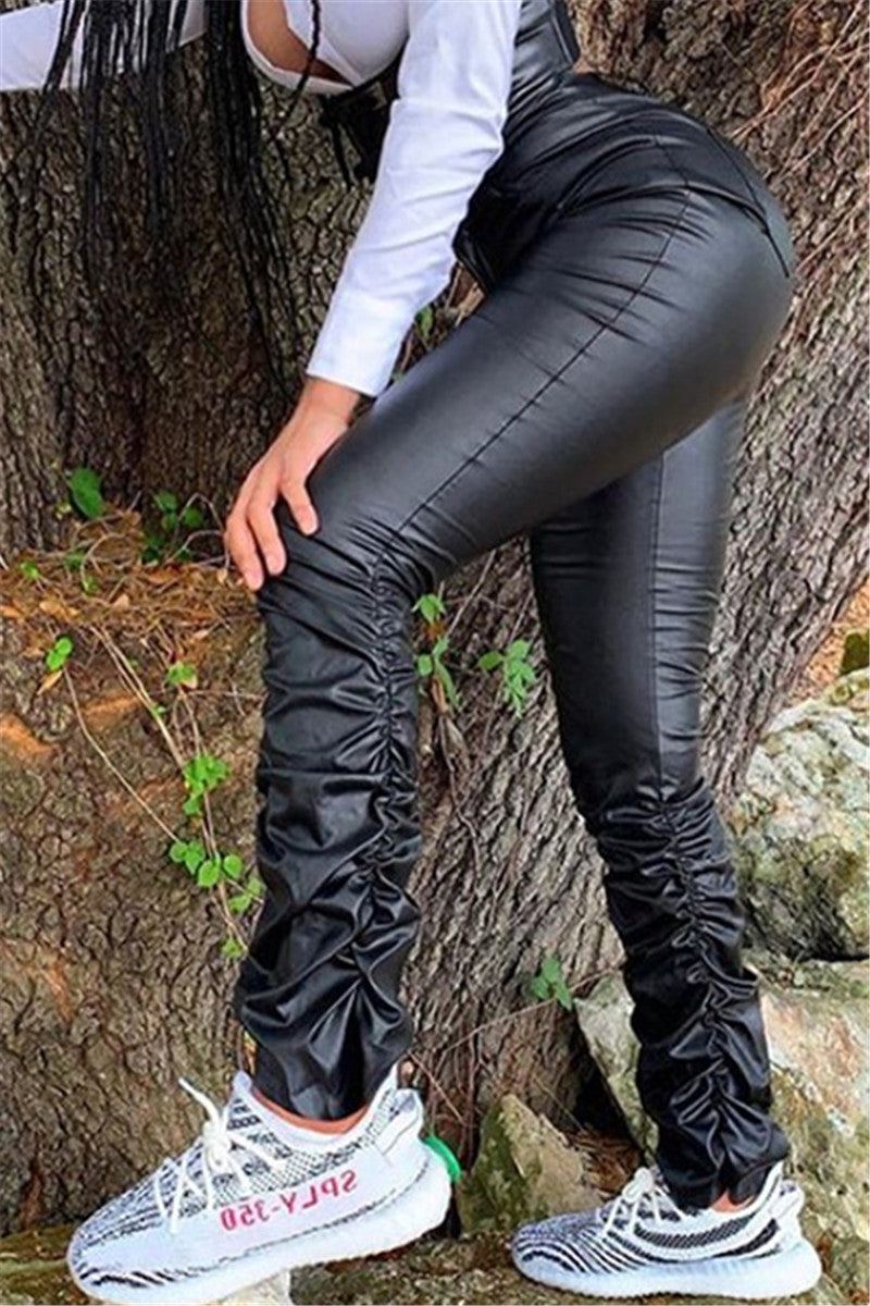 Solid Color Ruched Leather Pants