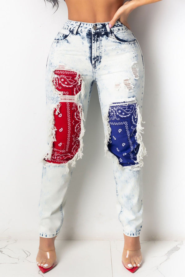 Printed Splicing Denim Pants