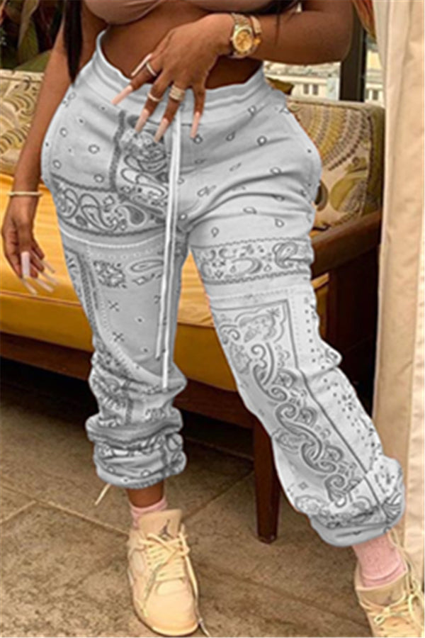 Casual Printed Drawstring Wrap Pants