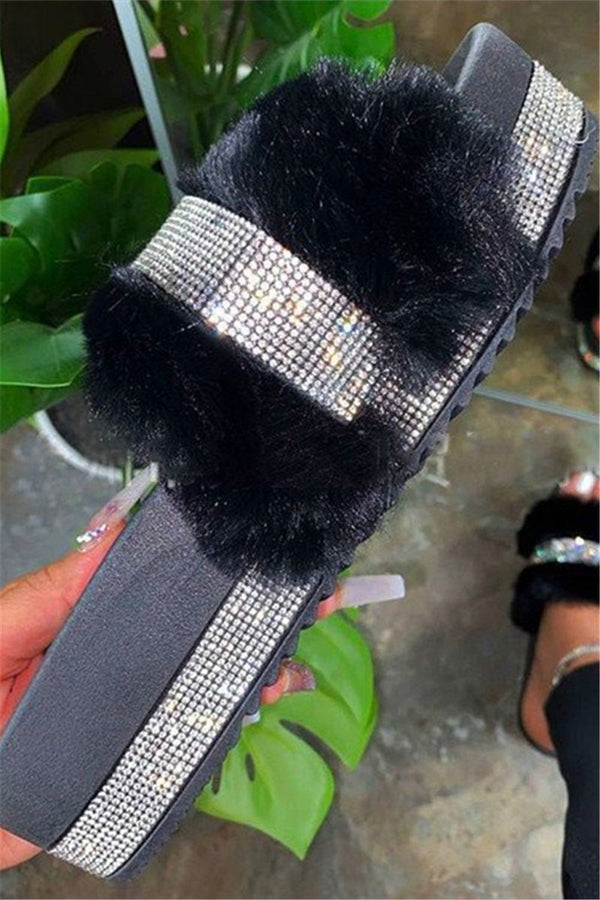 Rhinestone Fur Open Toe Slippers