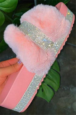 Rhinestone Fur Open Toe Slippers