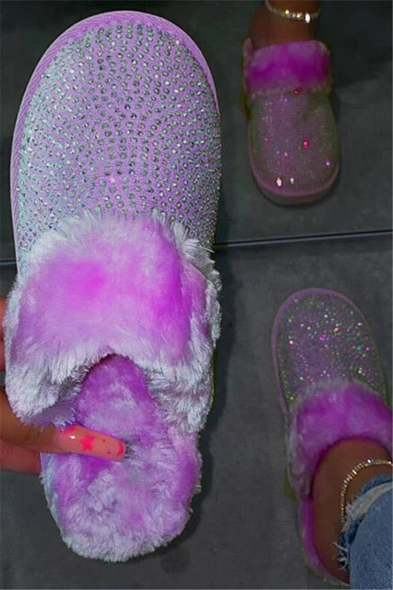 Shining Rhinestone Fur Slippers