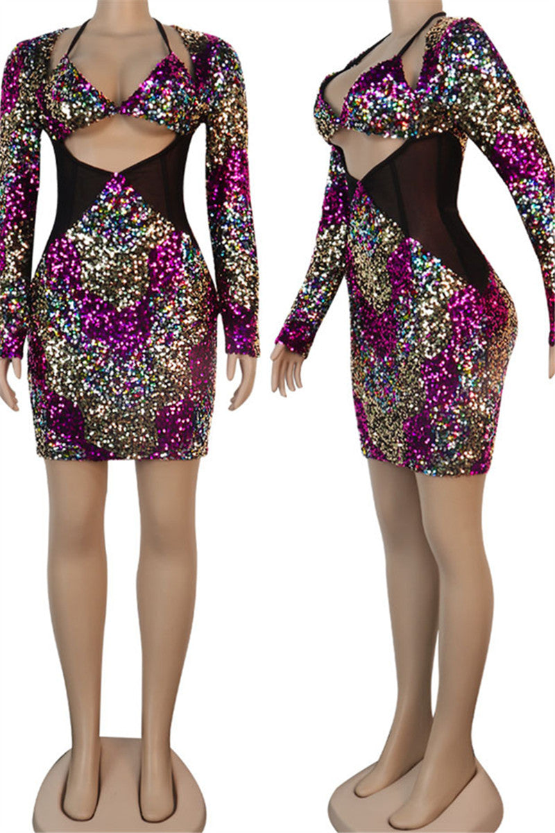 Hollow Out Sequin Party Dress