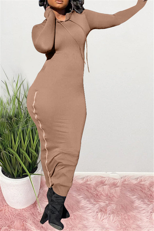 Solid Color Zipper Splicing Hooded Dress