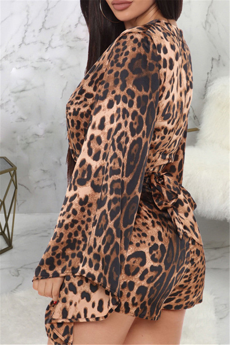 Trumpet Sleeve Leopard Printed Romper