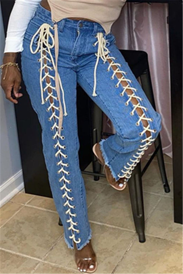 Hollow Out Bandage Denim Pants