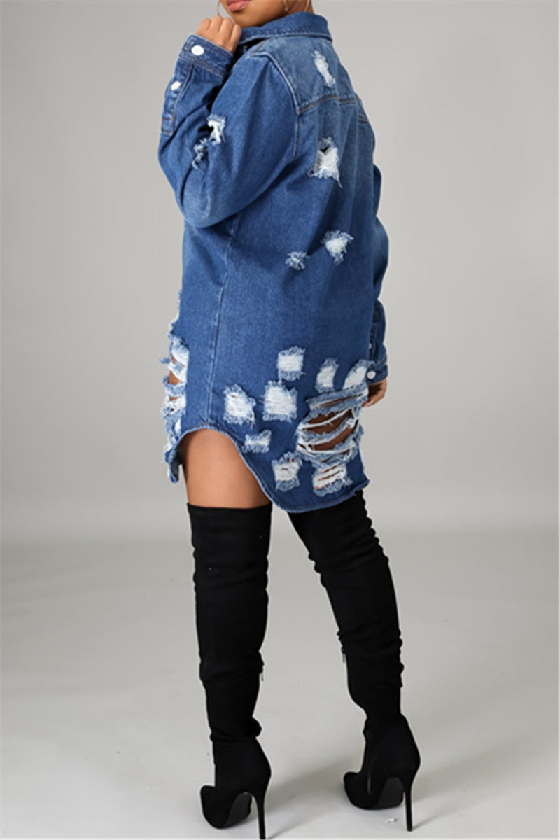 Irregular Hem Distressed Denim Coat