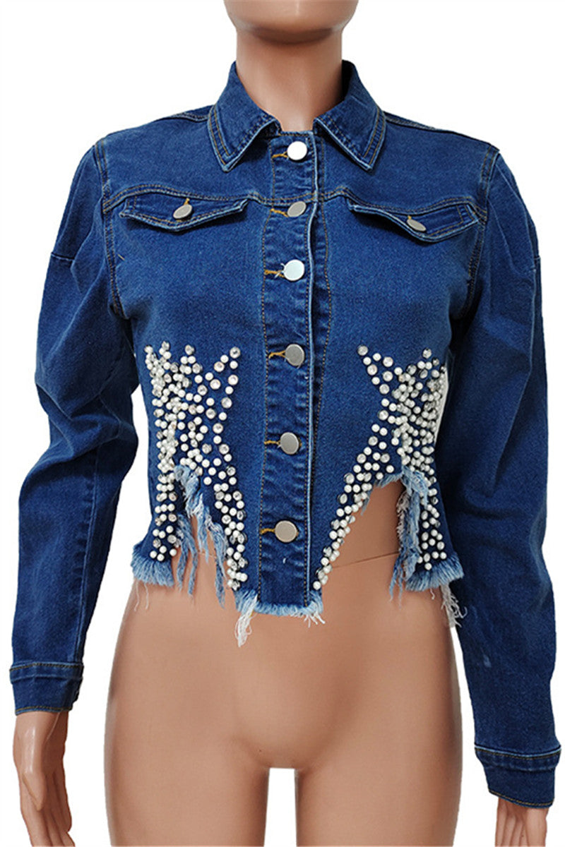 Crown Pearl Studded Denim Jacket