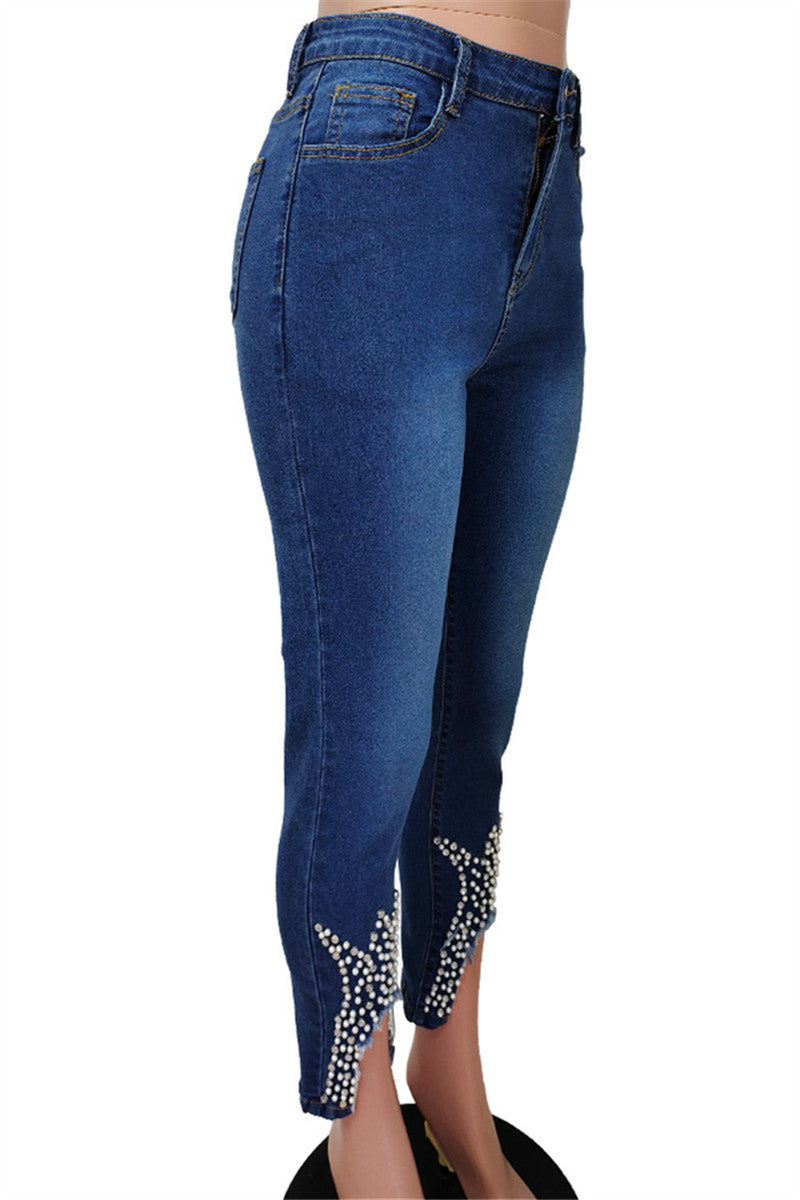 Crown Pearl Studded Denim Pants