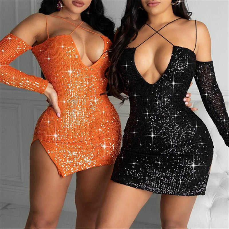 V Neck Sequin Split Party Dress