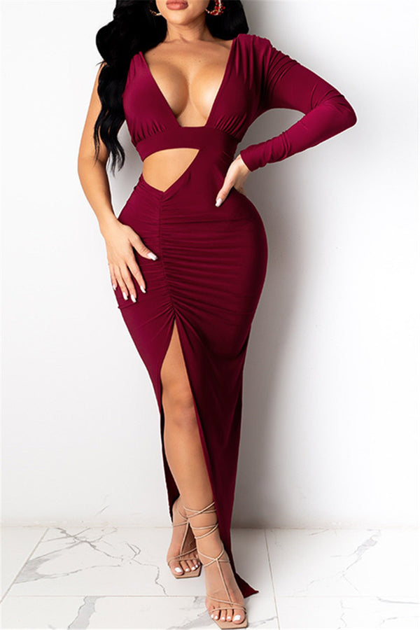 One Sleeve Hollow Out Ruched Dress