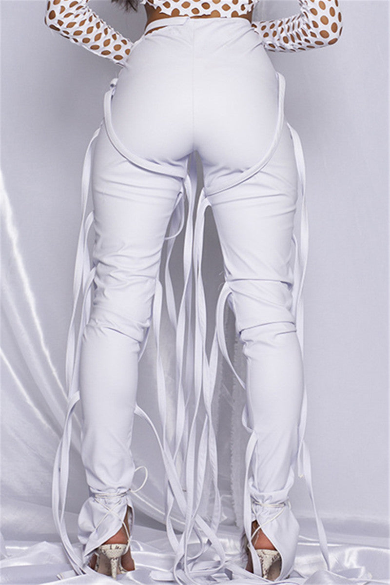 Solid Color Bandage PU Pants