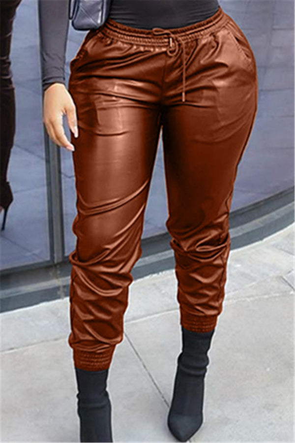 Solid Color PU Womens Pants