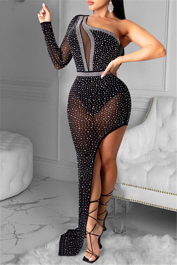 One Sleeve Rhinestone Romper Dress