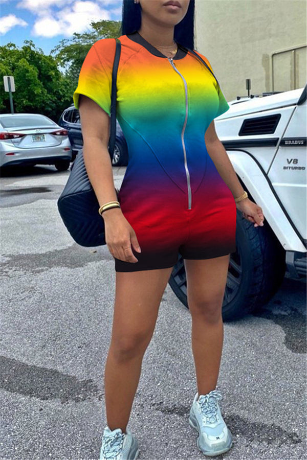 Rainbow Printed Zipper Womens Romper