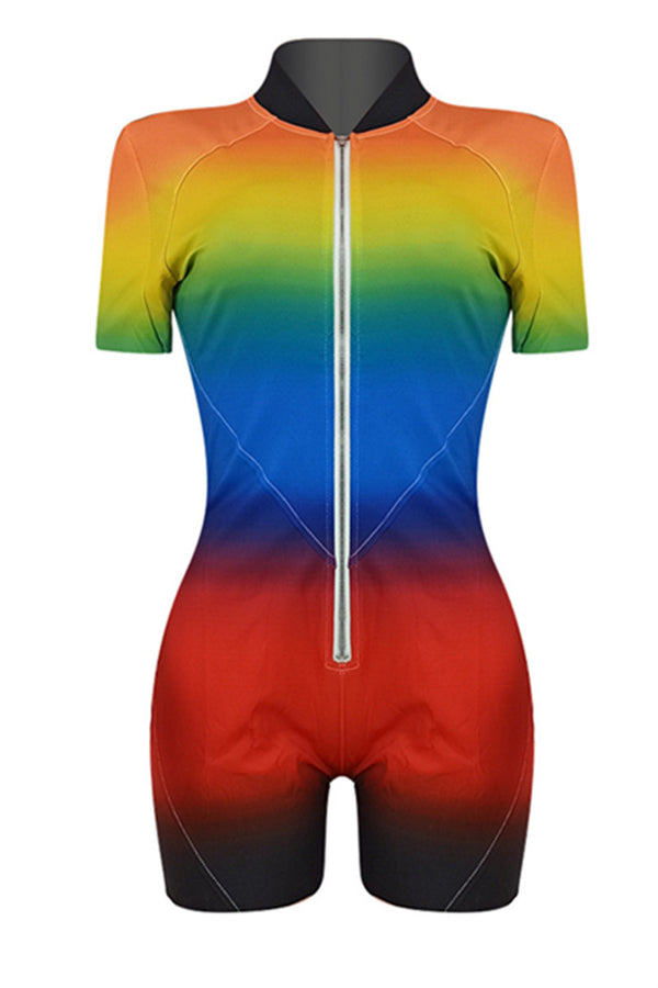 Rainbow Printed Zipper Womens Romper