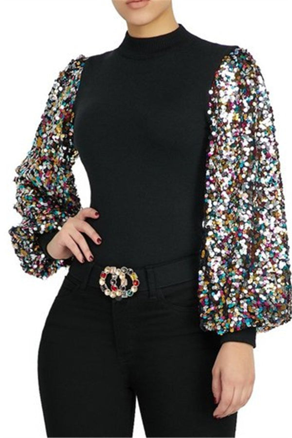 Sequin Splicing Lantern Sleeve Top